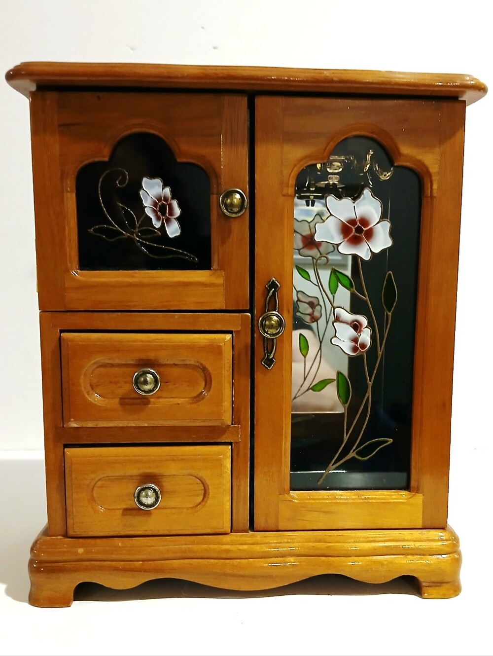 Vintage Wooden Jewelry Box with Floral Glass Door - Honey Brown